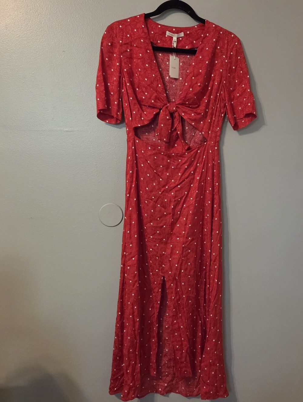 Maje Womens Red Rinoui Tie-Front Polka Dot Midi Dress Sz 36 NWT Romantic - Picture 4 of 9